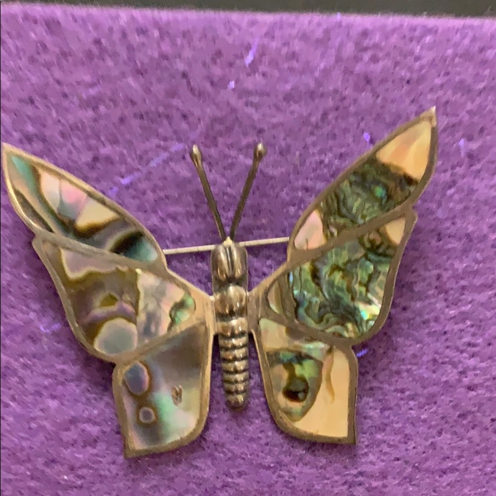 Sterling silver abalone butterfly brooch 2.25” w